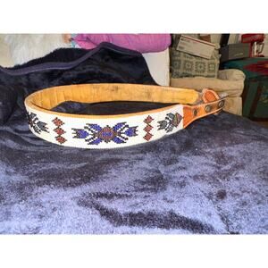 VINTAGE NATIVE GLASS INTRICATELY BEADED BELT ON TOOLED LEATHER